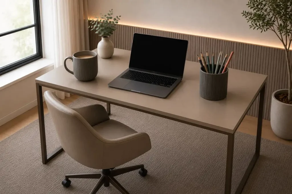 minimalist home office workspace with neutral decor and taupe rug