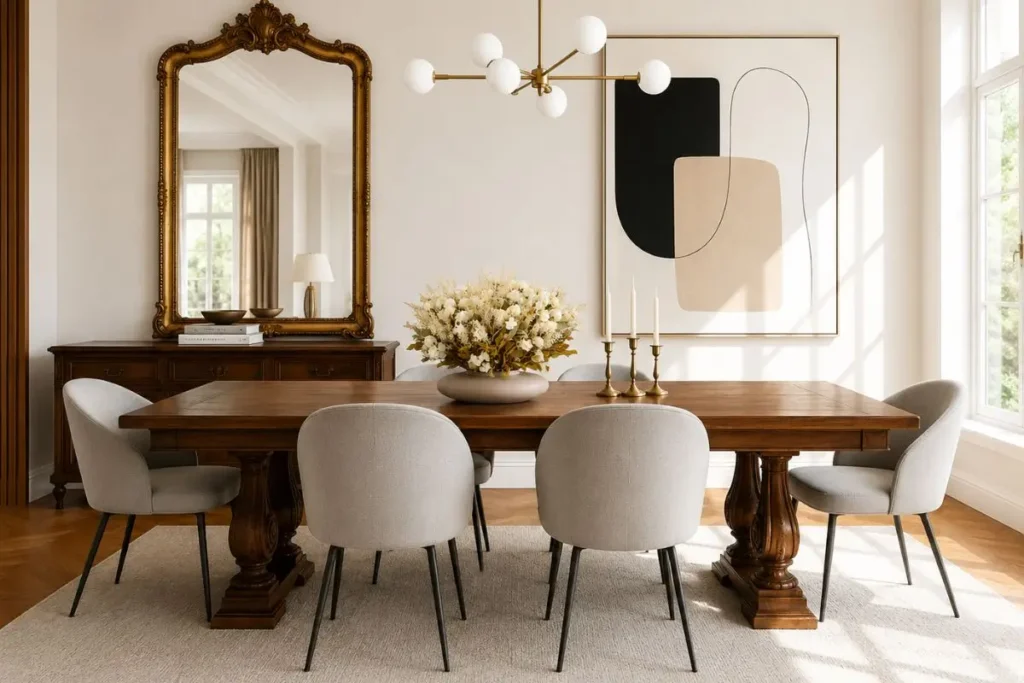 Elegant dining room combining classic wooden furniture with contemporary chairs, vintage mirror, modern artwork and sophisticated floral centerpiece.