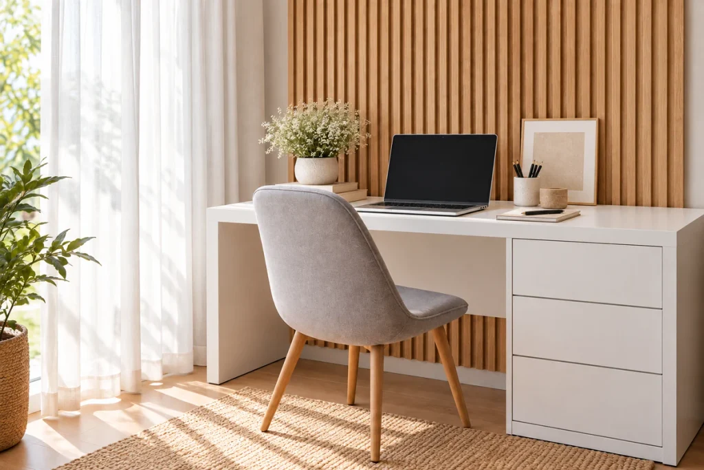 small luxury home office with white desk, gray upholstered chair and oak slat wall