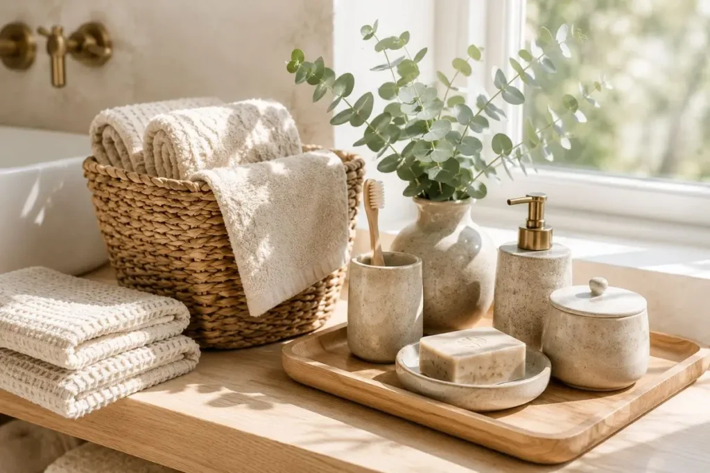Natural bathroom textures with woven basket, ceramic accessories, wooden tray and soft neutral towels