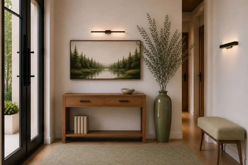 small entryway ideas that feel luxurious with tall olive branches and sage green accents