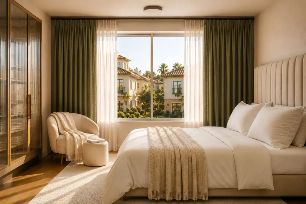 Small luxury bedroom with floor-to-ceiling olive green curtains, upholstered headboard, white bedding, off-white rug and elegant neutral decor