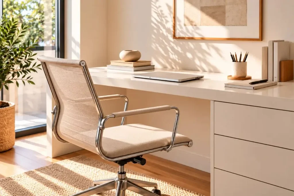beige office chair with chrome frame at a white desk in a small home office