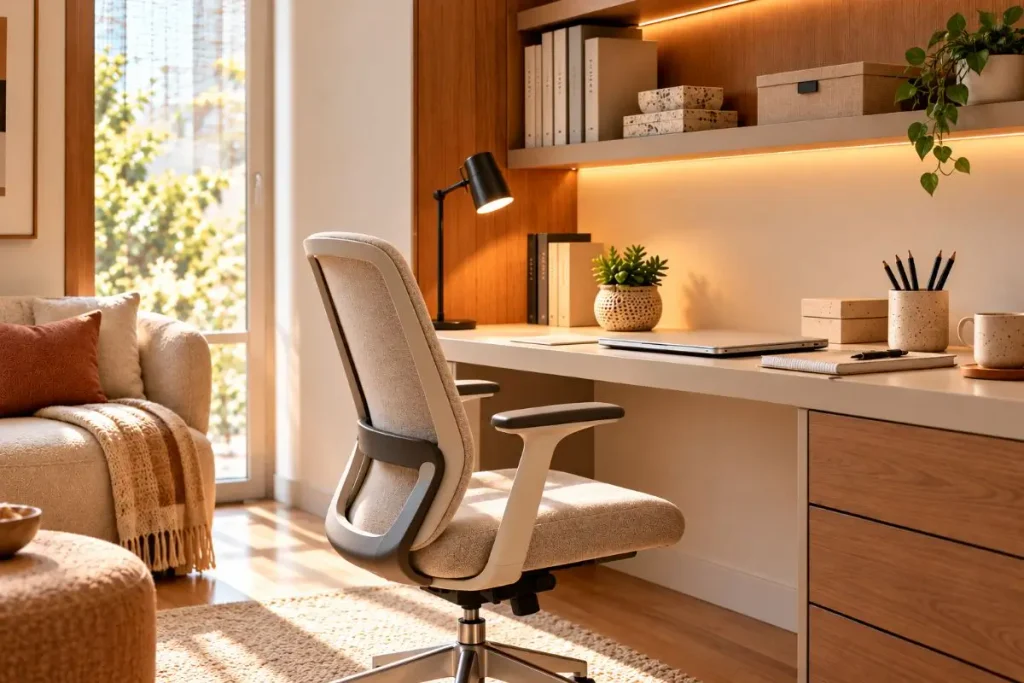 ergonomic beige office chair at a wood desk with black lamp and warm shelf lighting