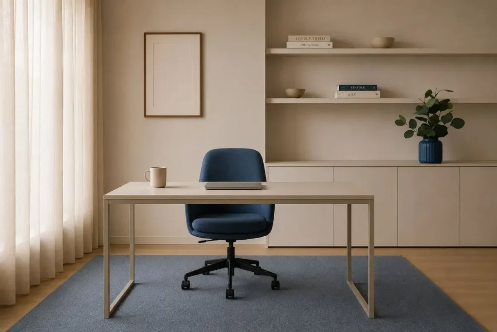 quiet luxury home office with blue gray accents and minimalist design