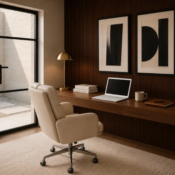 quiet luxury home office ideas for small spaces with warm wood and minimalist design