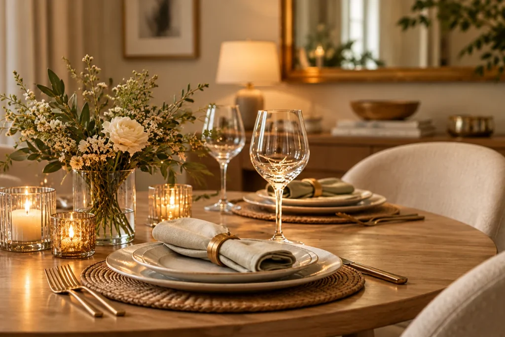 restaurant-inspired table setting with woven placemats, linen napkins, crystal wine glasses and candles