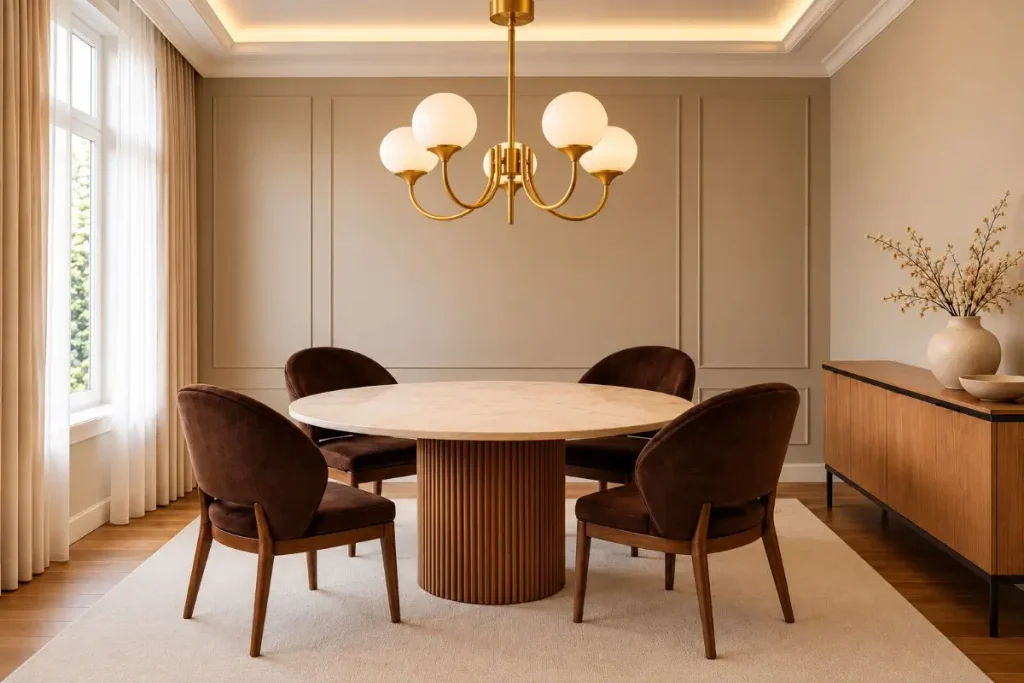 brass globe chandelier above round travertine dining table with fluted pedestal base