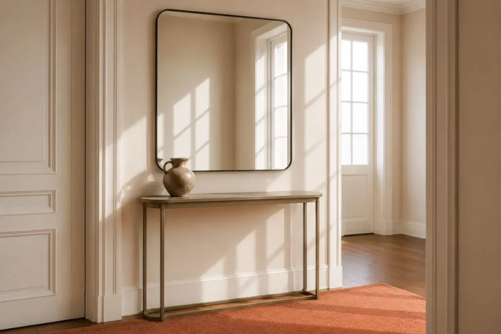 slim console table in a small luxury entryway with terracotta rug and oversized mirror