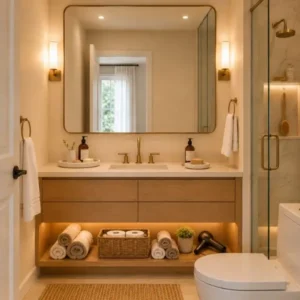 Small bathroom ideas that feel luxurious with large mirror, warm neutral colors, wood vanity and spa-inspired decor