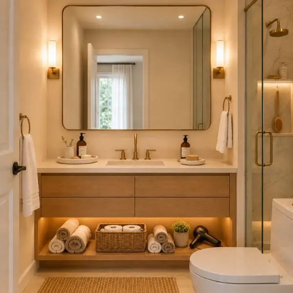 Small bathroom ideas that feel luxurious with large mirror, warm neutral colors, wood vanity and spa-inspired decor