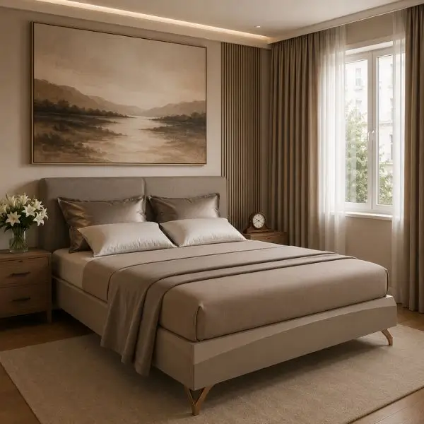 small bedroom ideas that feel luxurious with upholstered bed warm neutral decor and classic bedside clock