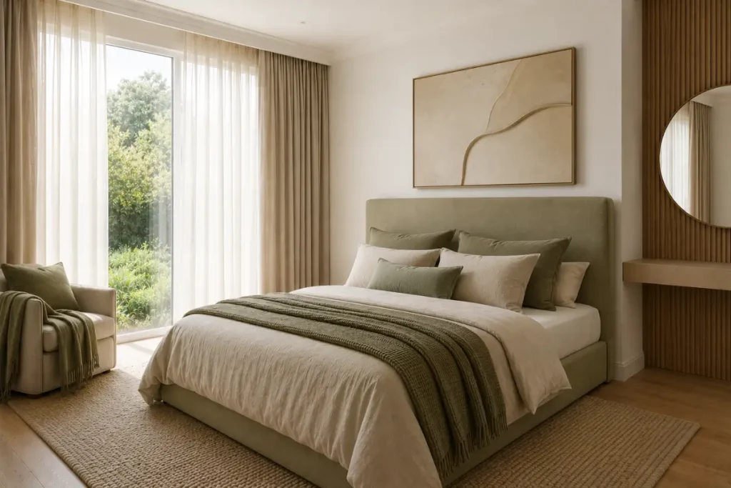 Small luxury bedroom with sage green upholstered headboard, layered bedding and natural textures
