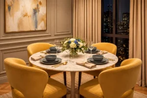 Small dining room ideas that feel luxurious, featuring a round marble table, mustard velvet chairs, and elegant decor.