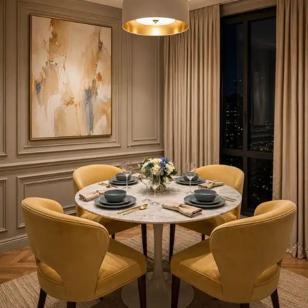 small dining room ideas that feel luxurious with round marble table and butter yellow dining chairs