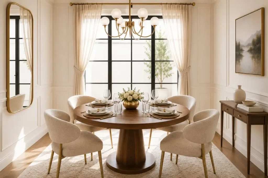Small dining room with a round walnut dining table, upholstered chairs, statement chandelier, and elegant neutral decor.