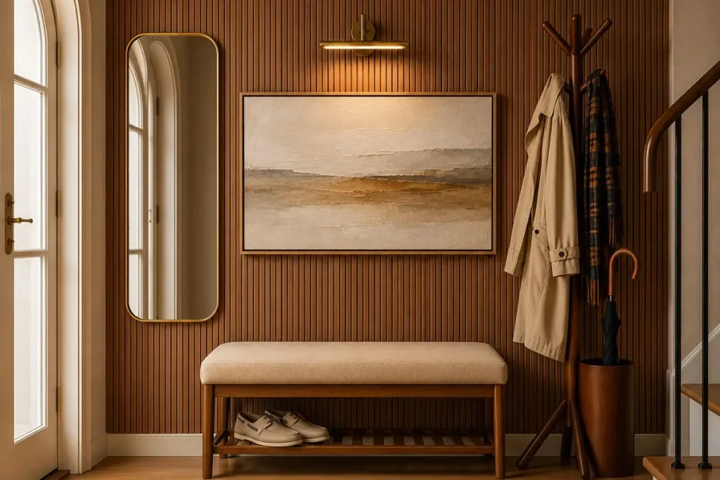 small entryway bench with wall art mirror and luxury organization ideas