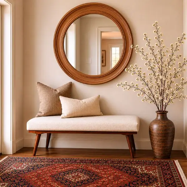 Small entryway ideas that feel luxurious with a round wood mirror, neutral upholstered bench and vintage Persian rug.