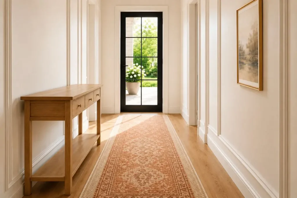small entryway ideas that feel luxurious with terracotta runner rug and natural daylight