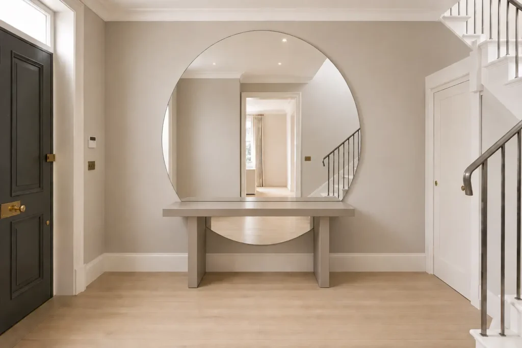 small entryway with oversized statement mirror and greige console table