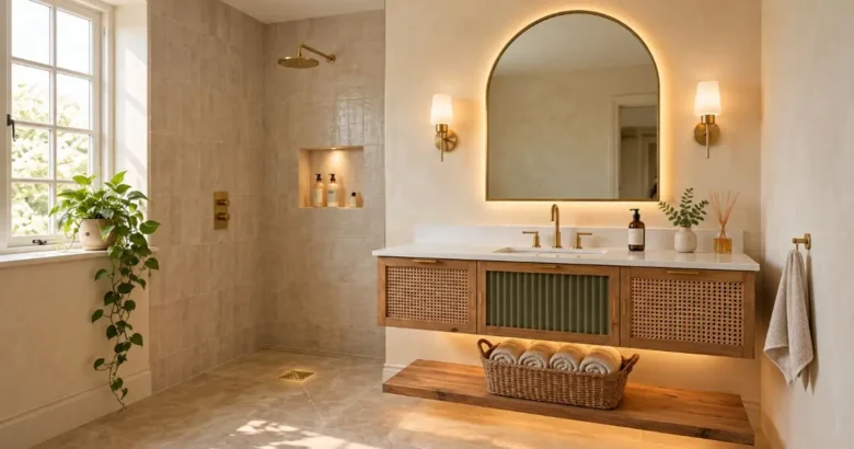 Small luxury bathroom ideas with an arched backlit mirror, brass wall sconces, a floating wood vanity with cane doors, and a walk-in shower area