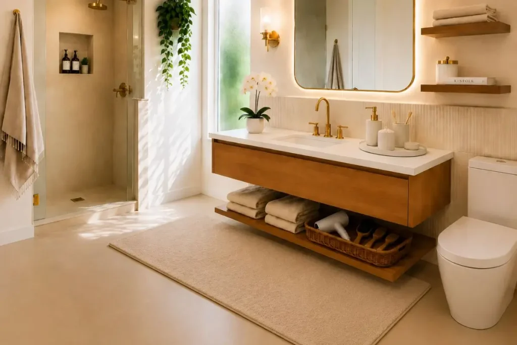 Soft neutral color palette in a luxury small bathroom with warm beige tones and elegant natural light