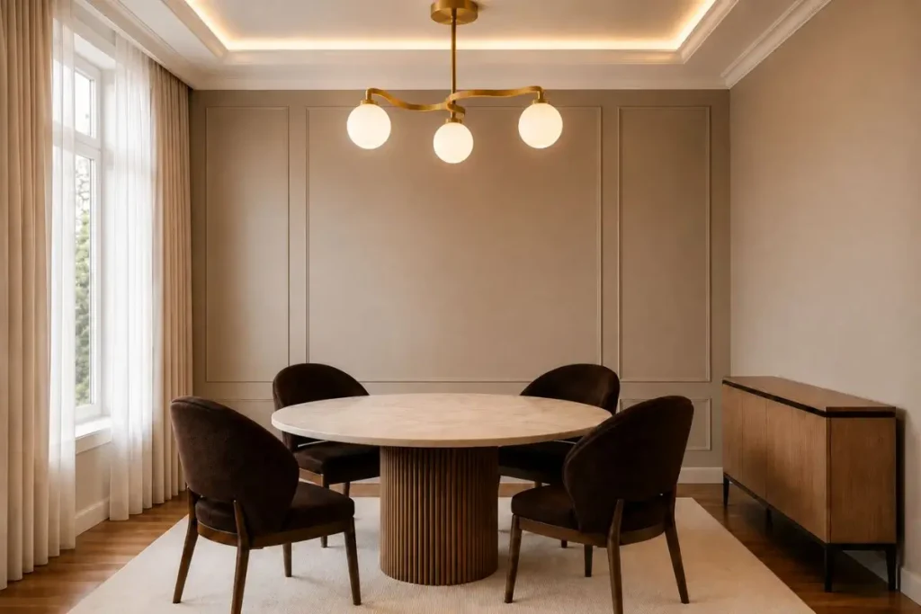 statement chandelier in a small dining room with elegant ceiling lighting and round dining table