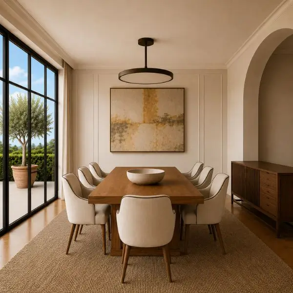 Dining Room Ideas That Feel Elegant and Timeless in an elegant dining room with oak table and upholstered chairs.