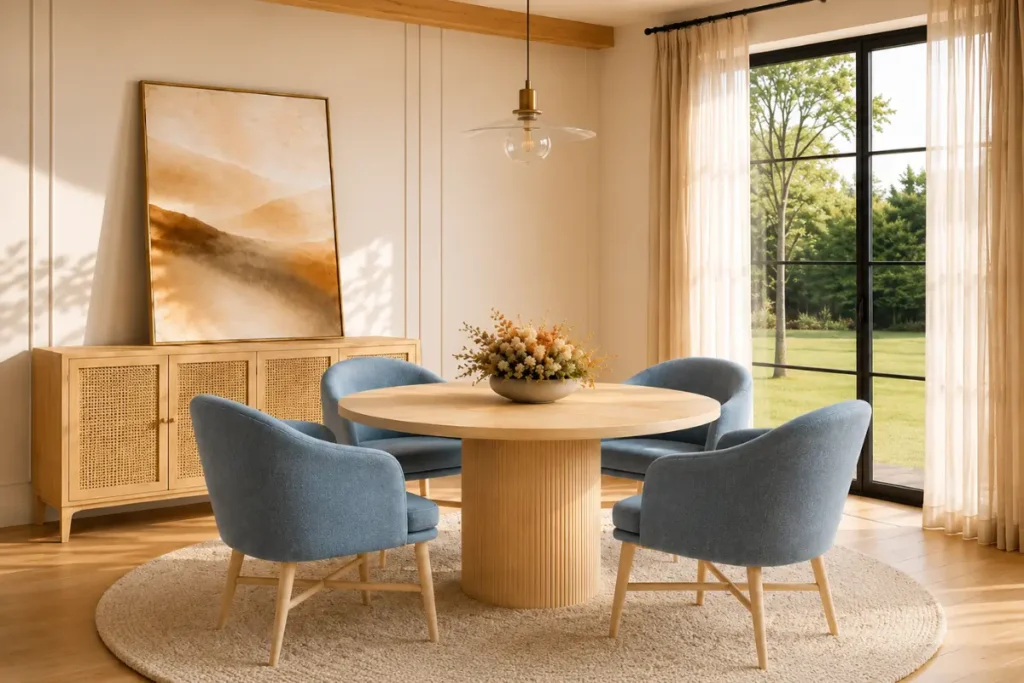 Elegant timeless dining room featuring a round light pine wood table, Williamsburg Blue upholstered chairs, round bouclé rug, rattan buffet cabinet, large neutral artwork, and natural daylight.