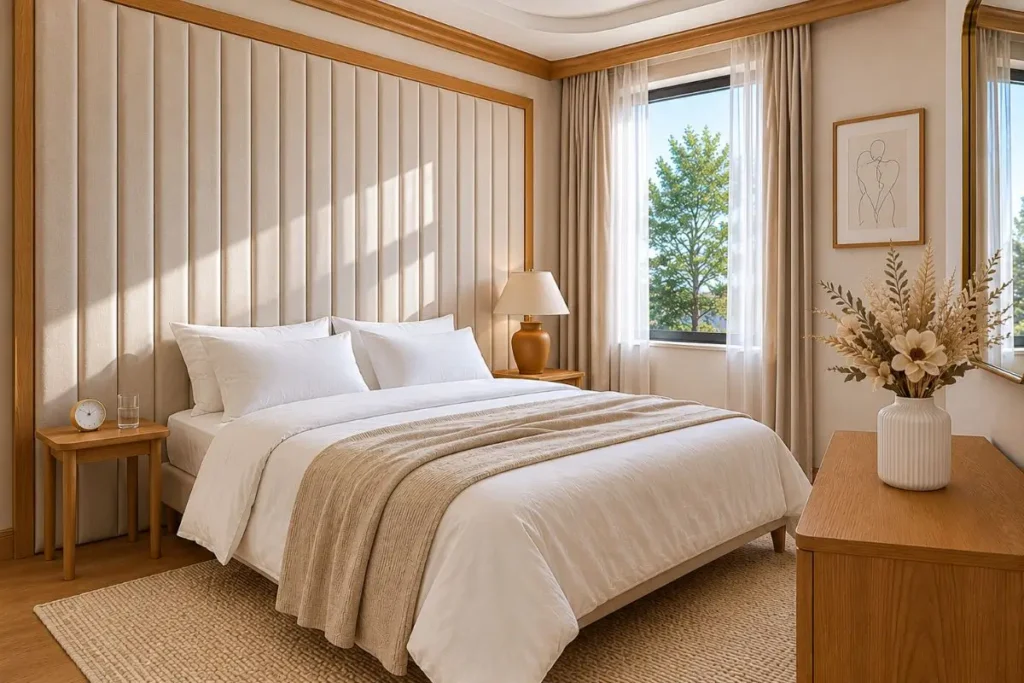 A floor-to-ceiling upholstered headboard or a wide headboard that extends beyond the bed frame can create a custom designer look while adding visual height and elegance.