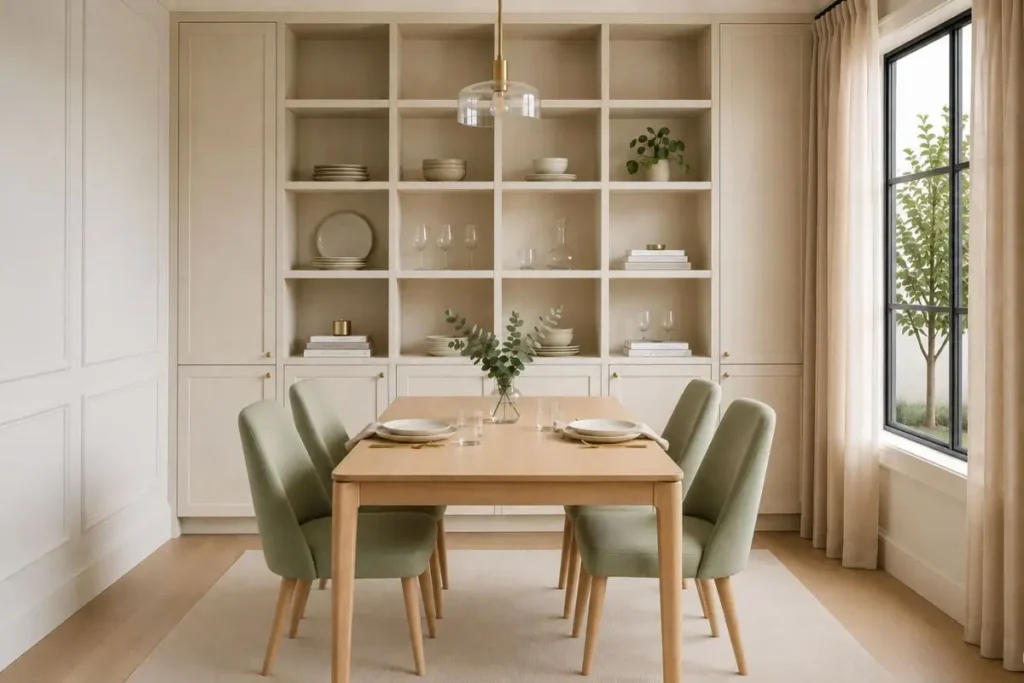 Small dining room with floor-to-ceiling built-in shelving, light wood furniture, and vertical storage solutions that maximize space while maintaining an elegant appearance.