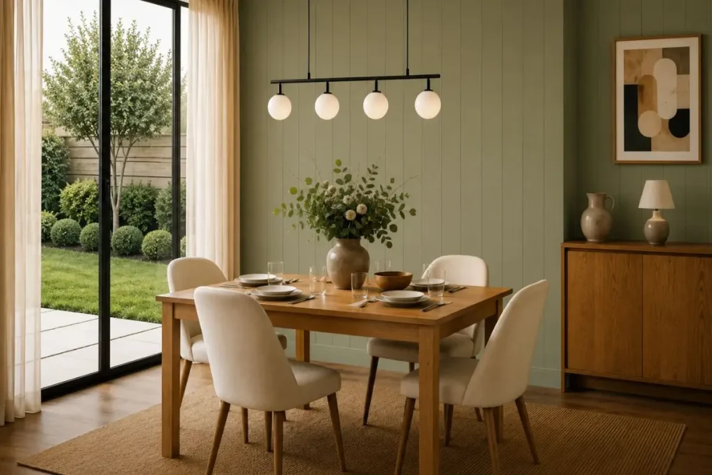 Small dining room with elegant wall paneling, off-white upholstered chairs, natural wood dining table, and soft sage green walls.