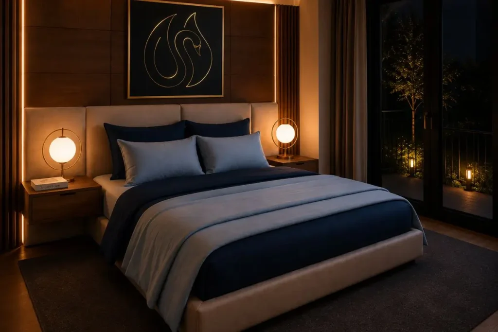 Warm layered lighting in a luxurious small bedroom with bedside lamps, indirect LED lighting, upholstered headboard and wood panel accent wall