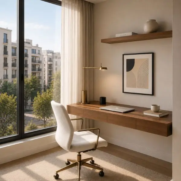How to make a small home office feel bigger using white cabinetry and a floating desk.