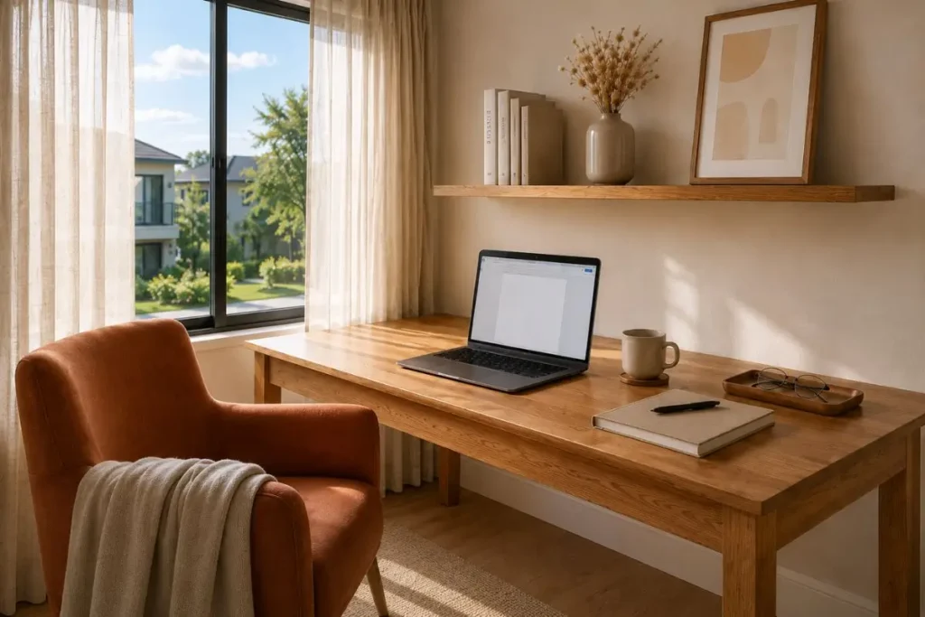Minimalist small home office with natural wood desk, terracotta chair, laptop, soft morning light, and a calm workspace designed for remote work productivity.