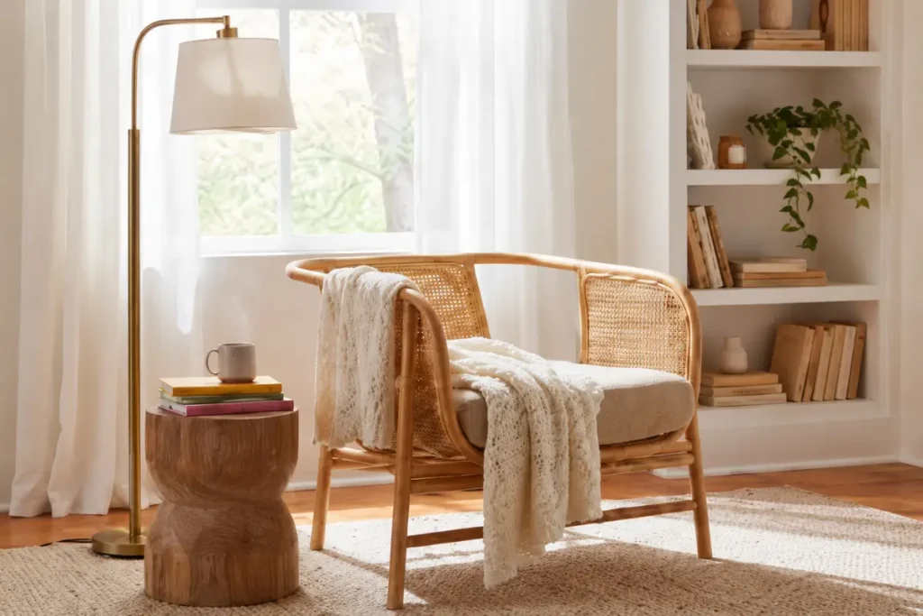 Cozy reading corner with a rattan chair, soft throw blanket, natural light, and neutral decor creating a warm and welcoming space.
