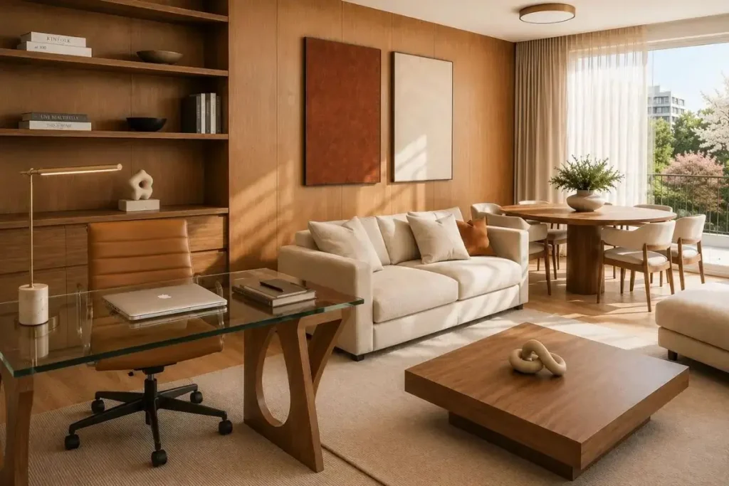 Integrated living room with a dedicated home office and clear visual boundaries for working from home.
