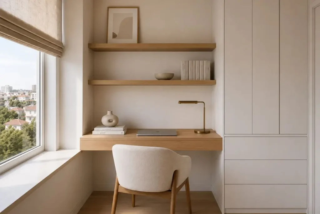 Bright small home office with white built-in cabinets and a floating wooden desk.