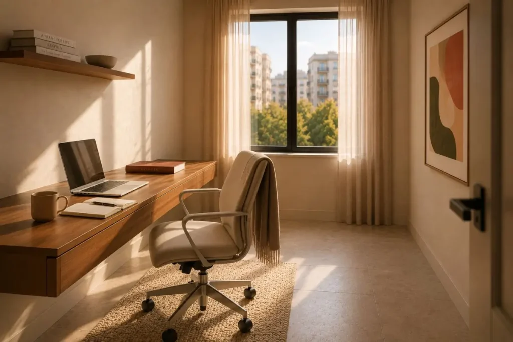 Modern small home office with walnut desk, natural light, and cozy workspace
