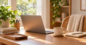 Cozy home office with a wooden desk, laptop, notebook, coffee mug, and soft natural light.