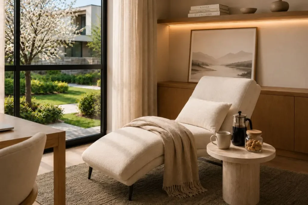 Relaxation area with a chaise lounge, coffee, and natural daylight designed for a 15-minute break during the home office workday.